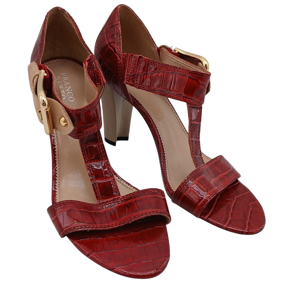 Franco Sarto Detract 2 Women's Leather Sandals Beige/Maroon Block Heels 9 M